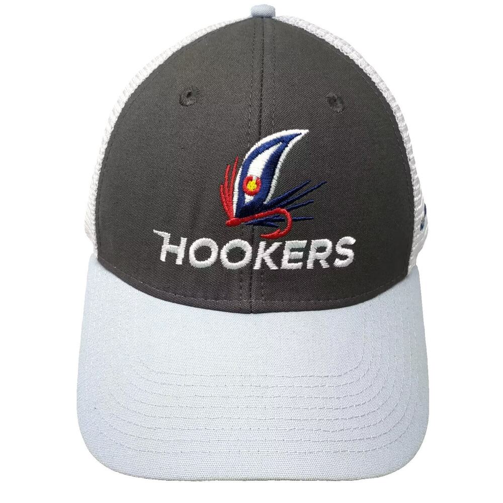 Ouray Hookers Fishing Fly Trucker Hat Gray Blue Glenwood Springs CO OS Mesh Back